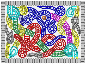 Grayscale drawing of design 4 on the Sutton Hoo helmet, coloured to show different parts of the quadruped