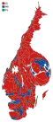 Cartogram of the map to the left with each municipality rescaled to the number of valid votes cast.