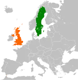 Map indicating locations of United Kingdom and Sweden