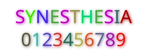 The word "synesthesia" and digits 0–9 are portrayed as glowing in various colors. For example, the letter "S" is displayed as magenta while the letter "E" is green.