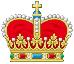 Fürsten crown used in heraldry, borne above the coat of arms to indicate a principality ruled.[4] The Fürsten crown, sometimes placed together with a mantle, is not always found on a Fürstenhaus (princely house) coat of arms; these adornments were not part of formal armorial protocols, but simply heraldic grace.[4]