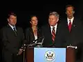 Sen. Johnson (second from right) answers questions after he helped prevent the closure of Ellsworth Air Force Base in South Dakota. Left to right: Governor M. Michael Rounds, U.S. Rep. Stephanie Herseth, Johnson, and U.S. Senator John Thune
