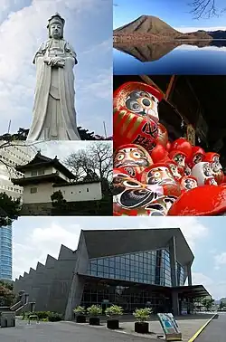 Left: Takasaki Kannon Statue&nbsp;[ja], Takasaki Castle, Gunma Music Center&nbsp;[ja], Right: Mount Haruna and Lake Haruna, Takasaki Daruma Doll (all items from above to bottom)