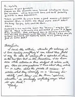 Teacher and teacher professional developer writing about an article they have read about teaching