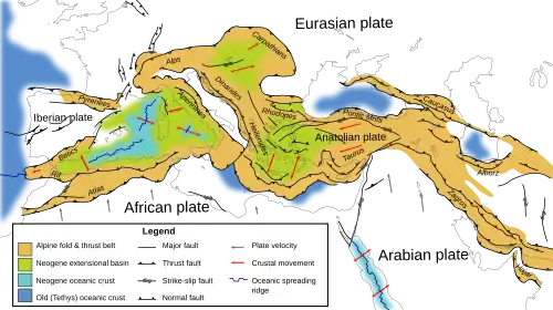 Map shows the location of subduction zones and extensional features of the western Alpine-Himalayan orogenic belt.