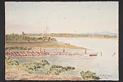 Watercolour of Thames River with dinghy tied to end of jetty by Ellen Cheeseman