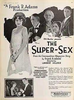 Advertisement for The Super-Sex (1922), starring Charlotte Pierce, a Frank R. Adams Production. A young woman is shown looking over her shoulder at two older men and two older women.