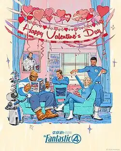 Old-fashioned art poster featuring the Fantastic Four and H.E.R.B.I.E. under a banner that reads "Happy Valentine's Day"