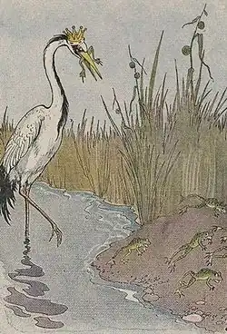 Image 2A frog being eaten by King Stork, an illustration by Milo Winter in a 1919 Aesop anthology (from Frogs in culture)
