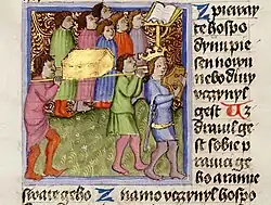 1417 A.D. The Levites, led by King David, carry the Ark of God to Zion, from the Olomouc Bible, Part I, folio 279v, held at the Scientific Library, Olomouc, Czech Republic.