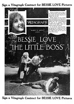 A magazine advertisement for The Little Boss showing Bessie Love preventing a fight in a forest setting