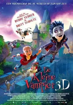 A vampire holding a girl flys over a castle, with a flying cow.