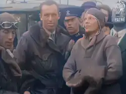 The crew of the seaplane "Friendship" that crossed the Atlantic from Trepassey, Newfoundland, arriving in Burry Port, Wales. From left to right, Wilmer Stultz (Pilot), Louis Gordon (Mechanic , Co-pilot), and Amelia Earhart (Commander).
