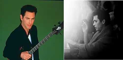 A collage of a man with a bass guitar against a green backdrop and a black-and-white image of a man smoking a cigarette
