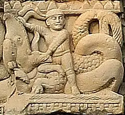 Foreigner fighting a Makara, Southern Gateway of Stupa 3, Sanchi