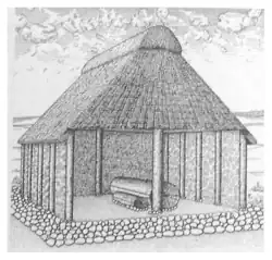 Illustration of a mortuary house with log-coffin burial at Tesperhude, northern Germany, c. 1200 BC