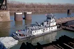 Towboat Sue Chappell upbound in Portland Canal on Ohio River (3 of 4), Louisville, Kentucky, USA, 1998