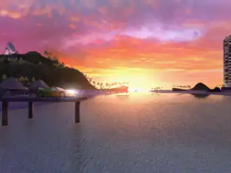 This image shows the island environment during sunset. It contains the island car on a boardway.