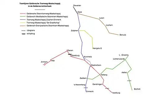 Map of 750&nbsp;mm (2&nbsp;ft&nbsp;5+1⁄2&nbsp;in) gauge tramways in the Achterhoek of Gelderland