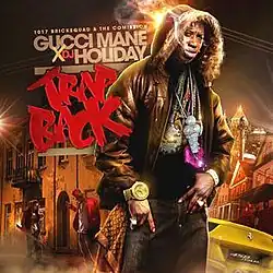 Gucci Mane stands in a distorted nighttime cityscape of Atlanta, looking at the camera/viewer, with a fur-covered hood over his head. Wisps of smoke (or perhaps mist) billow from his mouth. He is wearing a lot of ostentatious jewelry: a large gold watch, rings, numerous necklaces. One of the necklaces has a jewel-encrusted pendant in the shape of an ice cream cone, and the same ice cream cone is seen tattooed on Gucci Mane's face. Two other men and a yellow Ferrari 458 are seen behind Gucci Mane.