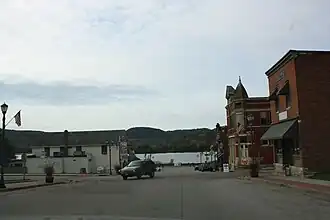Looking south at downtown Trempealeau, part of the Main Street Historic District, Mississippi River in background