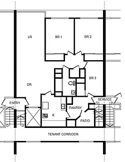 Typical apartment showing tenant stairs.[f]