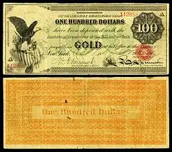 $100 Gold Certificate, Series 1865, Fr.1166c, with a vignette of an eagle and shield (left) and justice (bottom center).