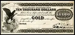 $10,000 Gold Certificate, Series 1865, Fr.1166g, with a vignette of an eagle and shield (left) and justice (bottom center).