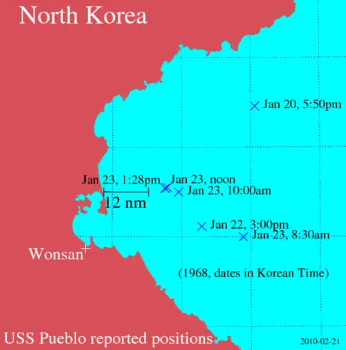 Map showing USS Pueblo's positions January 20–23, 1968.