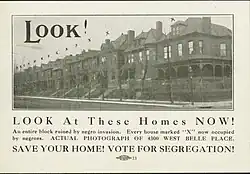 United Welfare Association postcard stating, "Look at These Homes Now! Save Your Home! Vote for Segregation!" from 1916; the same 4300 West Belle Place, St. Louis address was also one of the many locations of the Douglass University campus