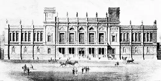 An illustration of 6 Burlington Gardens, home to the university administration from 1870 to 1900