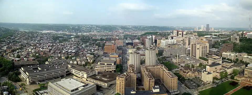 The location of the Honors College near the top of the Cathedral of Learning affords students and visitors with large vistas of the campus and surrounding city.