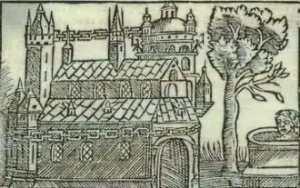 Image 72Image showing the sacred tree to the right of the temple, from Olaus Magnus' Historia de Gentibus Septentrionalibus (1555). To the right of the tree is a depiction of a man being sacrificed in the spring (from List of mythological objects)