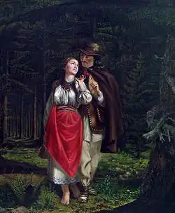 A Boyko couple in traditional dress on a painting by Kornylo Ustiyanovych