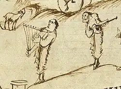 9th century A.D., Carolingian Empire. Harp and lute depicted in the Utrecht Psalter