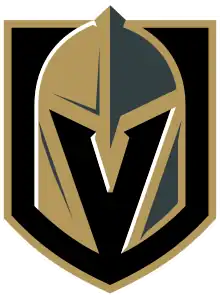 A Black and gold shield and white borders. Inside the shield, a Golden barbute helmet with a V-shaped opening.
