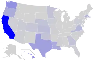 Map of the U.S., with states with more Vietnamese speakers in darker blue