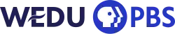 The letters W E D U, with the crossbar of the E formed by a stylized wave, in navy; the PBS network logo and letters P B S in blue.