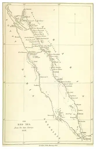 1838 map of the Red Sea region; the Howeitat are marked with a red arrow in the north section, to the east of the Gulf of Aqaba.