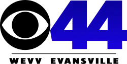 The CBS logo next to a blue 44 with a thin line and the words "W E V V Evansville" beneath.