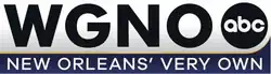 In a silver box, black letters W G N O and the ABC network logo. The box has a rounded lower right corner. Beneath is a blue box with white text reading "New Orleans' Very Own".