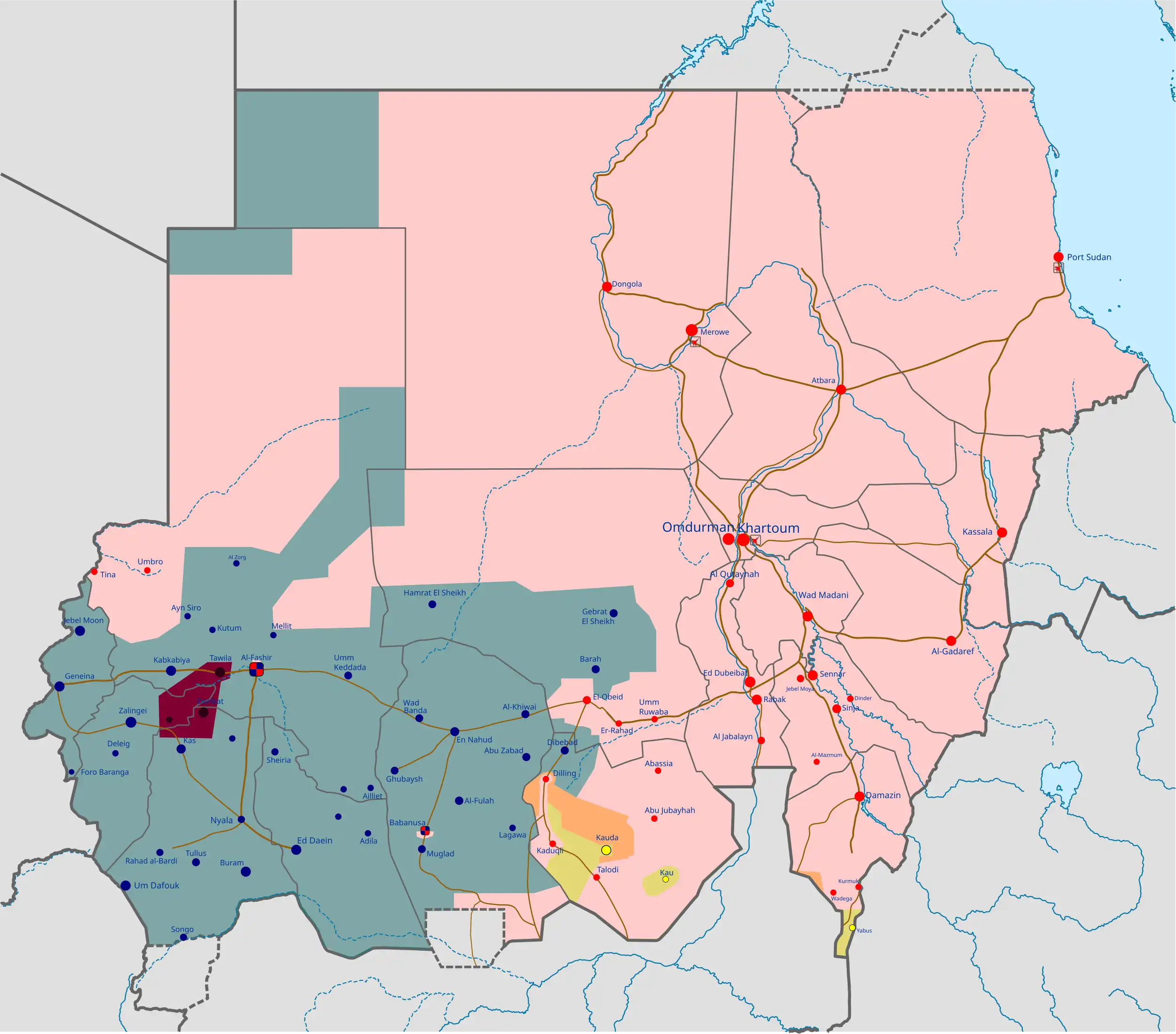 A map of Sudan, showing the RSF dominant in the west of the country, the SAF dominant in the east, and the centre split between both sides.