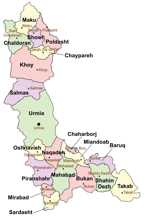 Location of Showt County in West Azerbaijan province (top, purple)