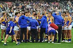 Australian rules footballers in a team huddle