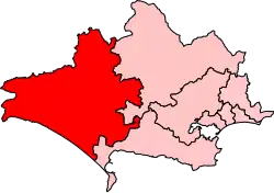 Map showing the location of the West Dorset constituency in Dorset under the boundaries created by the 2023 boundary review and first used at the 2024 general election.