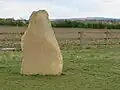 Memorial stone at the Westmill Woodland Burial Ground, with the Uffington White Horse in the distant background on the hillside