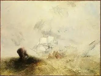 The painting depicts the massive head of a wounded sperm whale breaking through the sea surface on the left, its tail is in the froth to the right and a small boat is being tossed in the center foreground. In the background is a ghostly three-masted whaling vessel.
