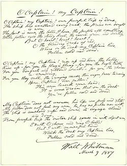 A handwritten draft, dated March 9, 1887, of Whitman's 1865 poem "O Captain! My Captain!"