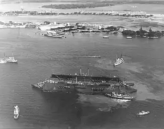 Auxiliary floating drydock USS YFD-2 arriving Pearl Harbor in 1940