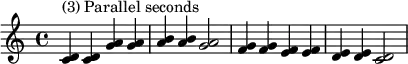  {
\relative c' {
   \clef treble 
   \time 4/4
   \key c \major
   <c d>4^\markup { "(3) Parallel seconds" } <c d> <g' a> <g a> <a b> <a b> <g a>2 
   <f g>4 <f g> <e f> <e f> <d e> <d e> <c d>2
} }
